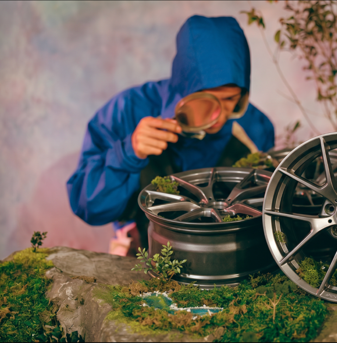 Technician inspecting a finished ClubSport wheel with a magnifying glass
